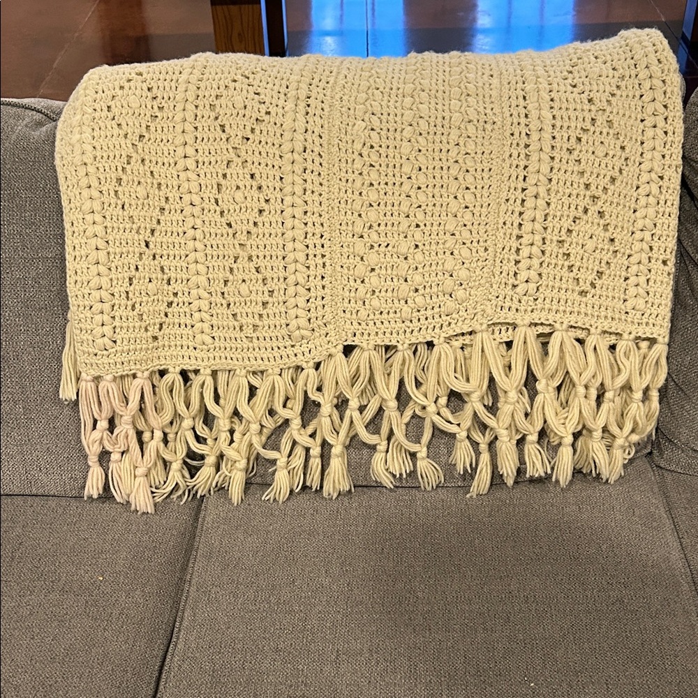 Handmade Crocheted Afghan Blanket - Cream 63 x 61 Inches - Picture 4 of 5